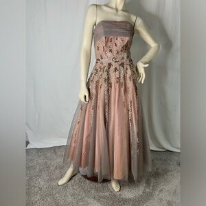 Vintage S (6) Mauve/gray tulle under. Copper sequins hand sewn strapless dress.